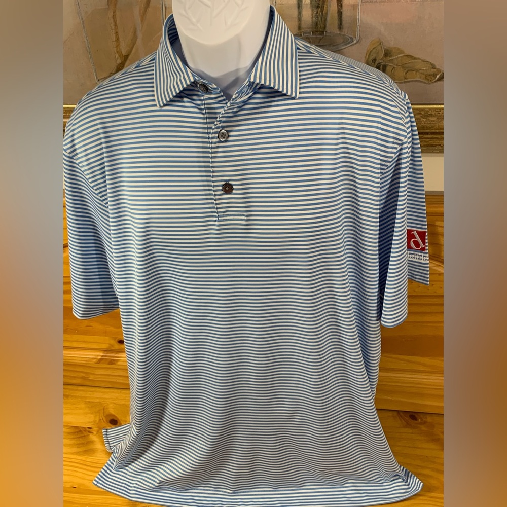 FootJoy FJ Golf Polo Shirt Men's Size Med Short Sleeve Blue and White Stripe EUC